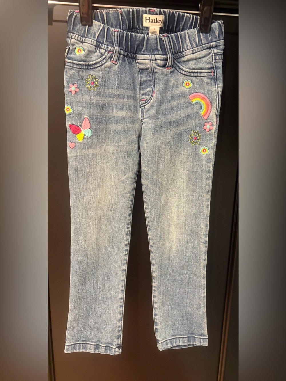 Hatley Light Blue Skinny Jeans with Rainbow, Butterfly & Floral Embroidery.